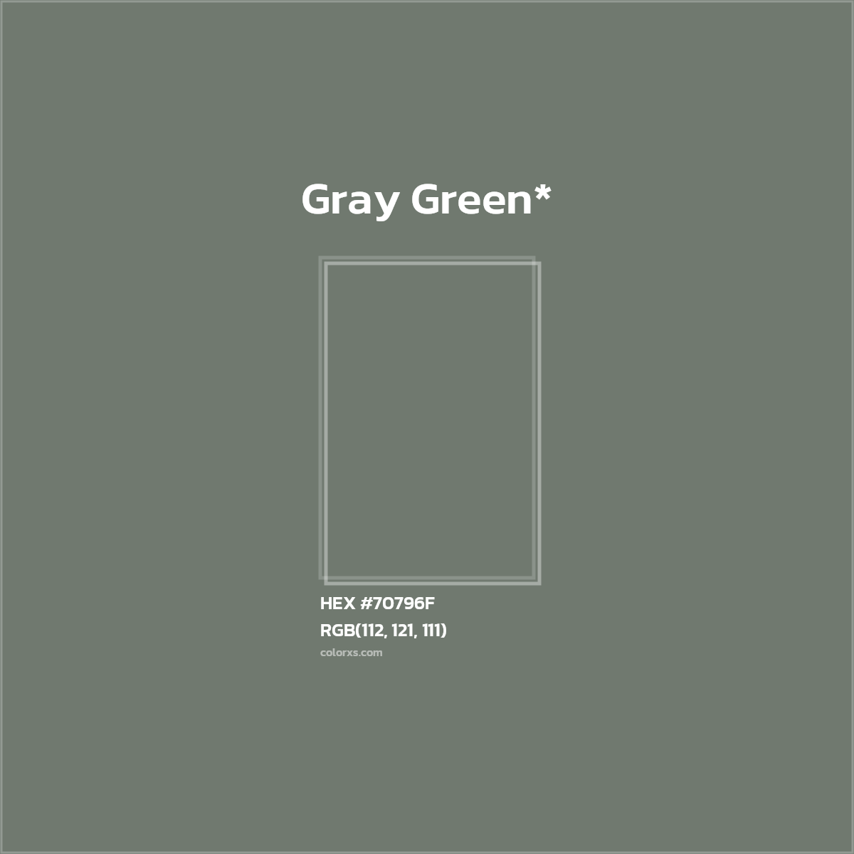 #70796F hex color. RGB, RYB, CMYK, HSL, HSV codes and color conversions. Matching color names, palettes, paints.