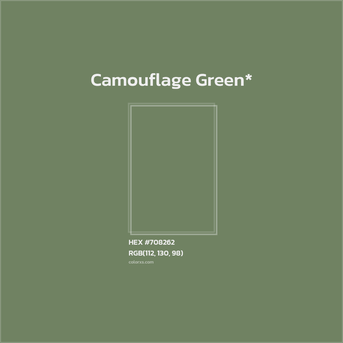 #708262 hex color. RGB, RYB, CMYK, HSL, HSV codes and color conversions. Matching color names, palettes, paints.