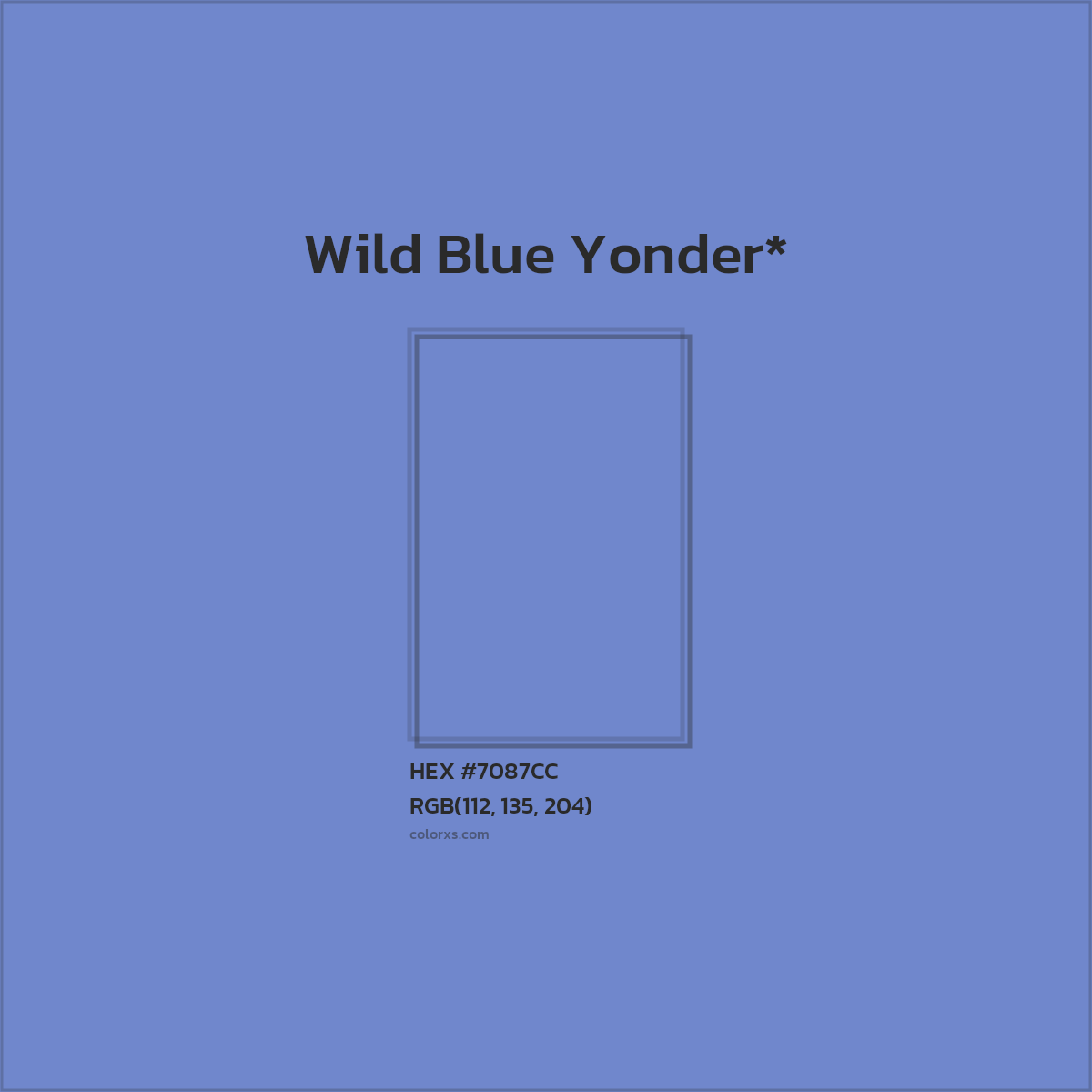 #7087CC hex color. RGB, RYB, CMYK, HSL, HSV codes and color conversions. Matching color names, palettes, paints.
