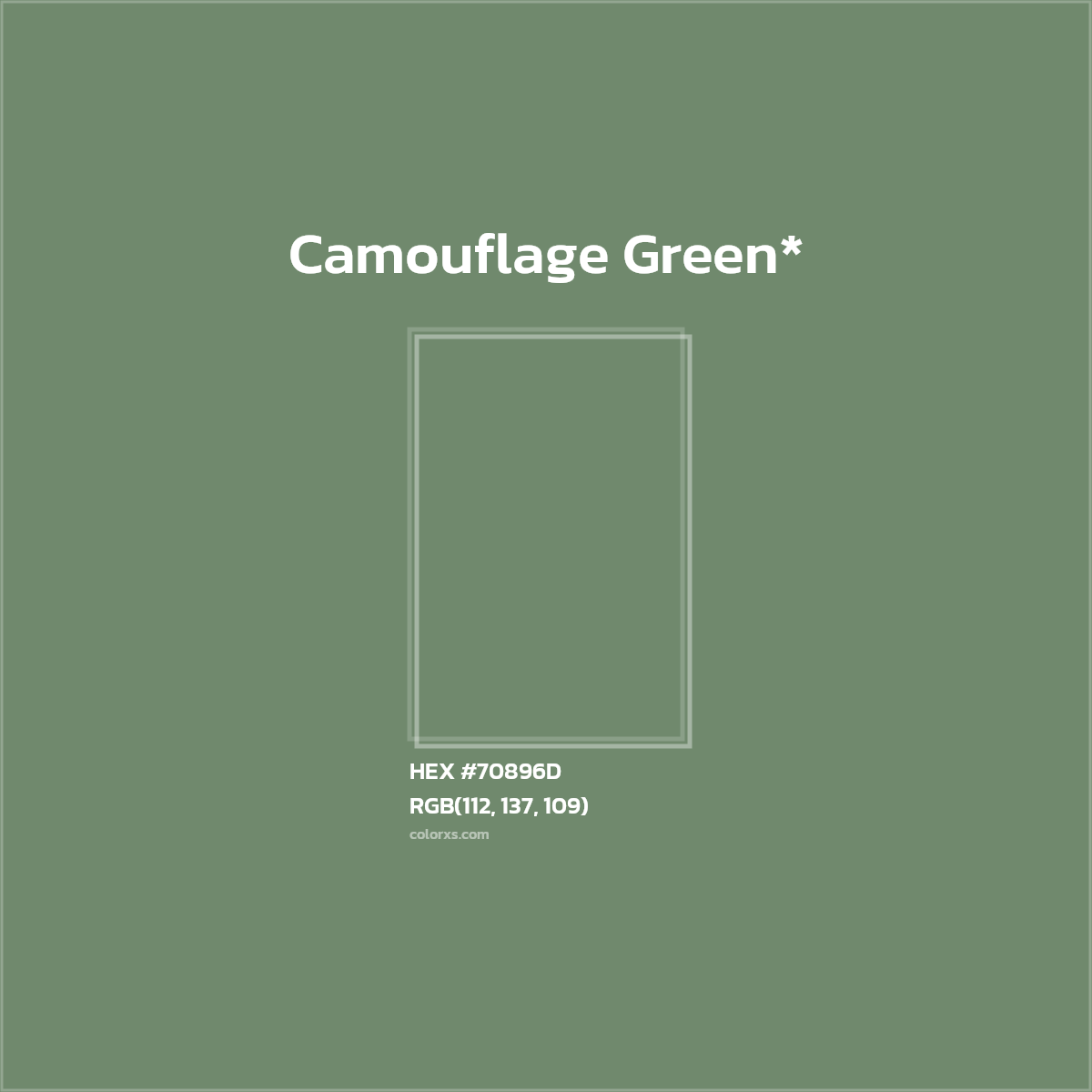#70896D hex color. RGB, RYB, CMYK, HSL, HSV codes and color conversions. Matching color names, palettes, paints.