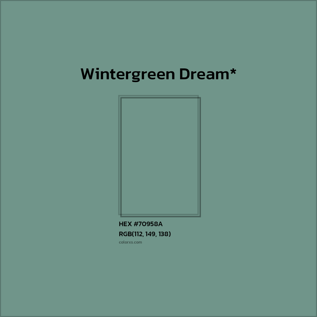 #70958A hex color. RGB, RYB, CMYK, HSL, HSV codes and color conversions. Matching color names, palettes, paints.