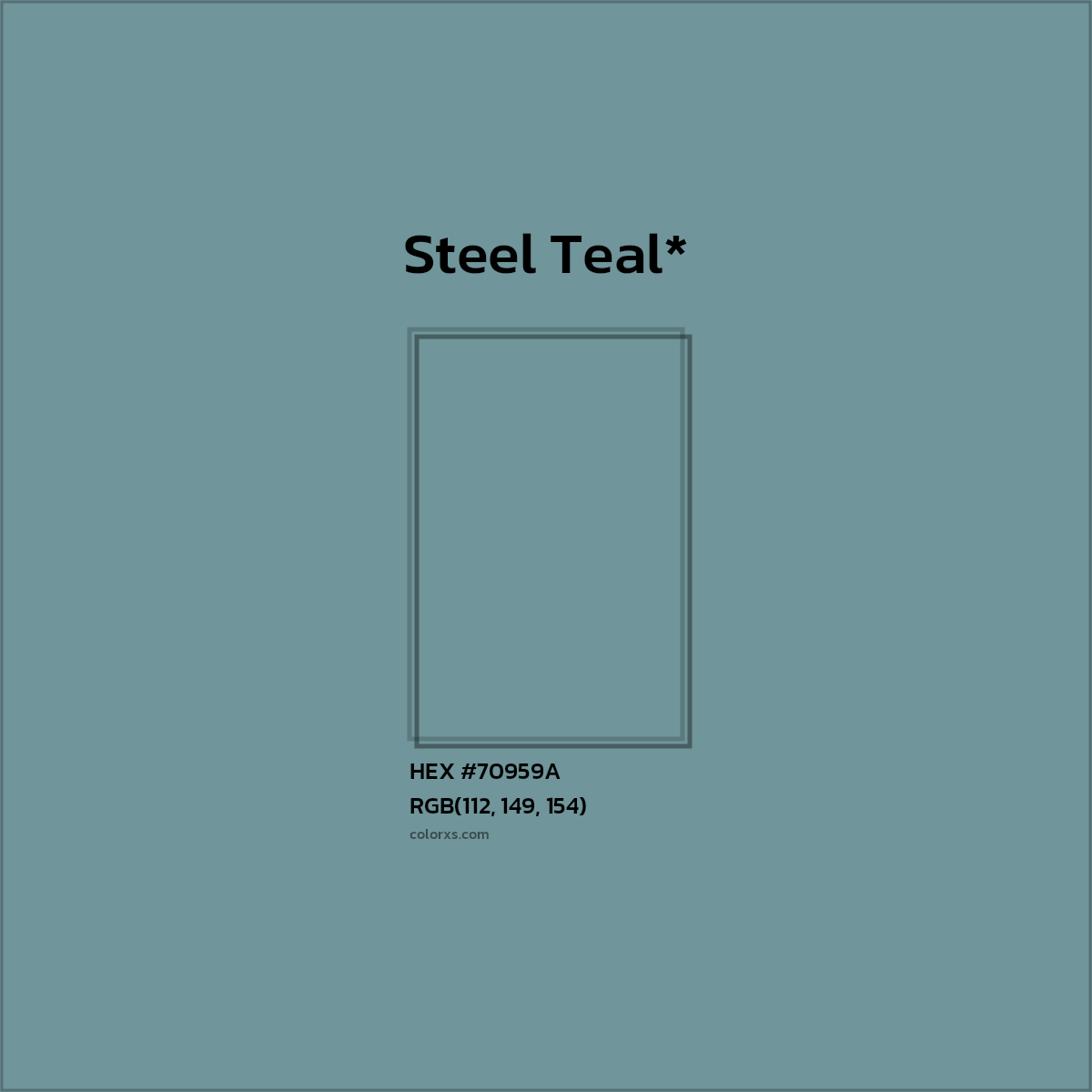 #70959A hex color. RGB, RYB, CMYK, HSL, HSV codes and color conversions. Matching color names, palettes, paints.