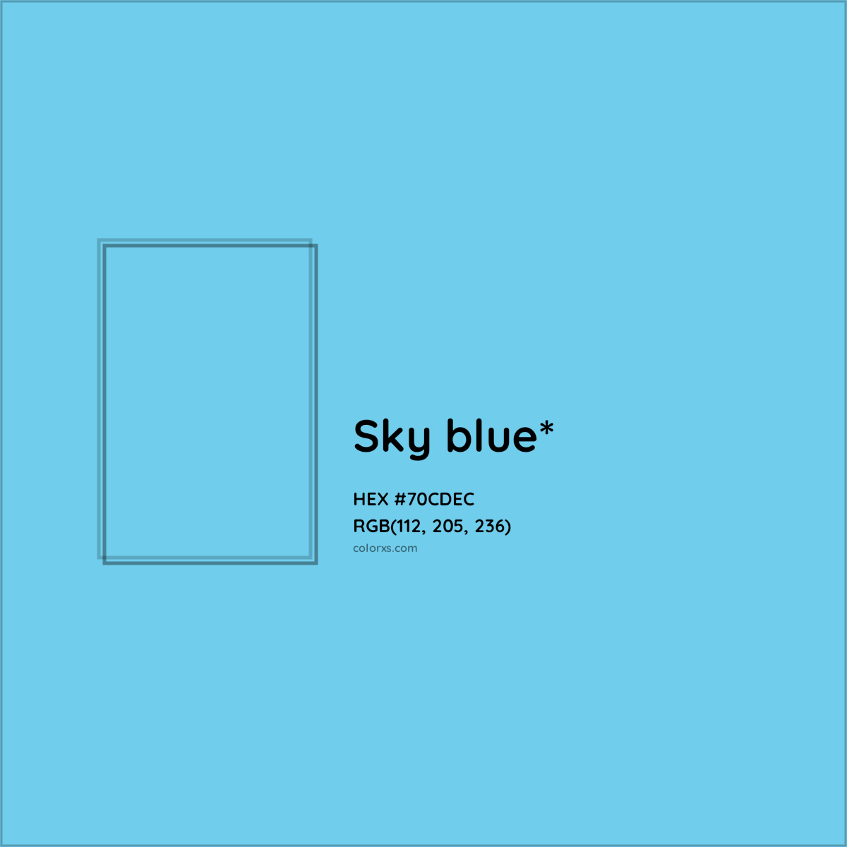 #70CDEC hex color. RGB, RYB, CMYK, HSL, HSV codes and color conversions. Matching color names, palettes, paints.