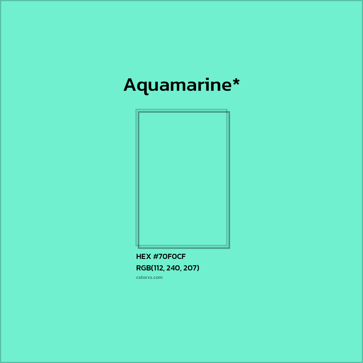 #70F0CF hex color. RGB, RYB, CMYK, HSL, HSV codes and color conversions. Matching color names, palettes, paints.