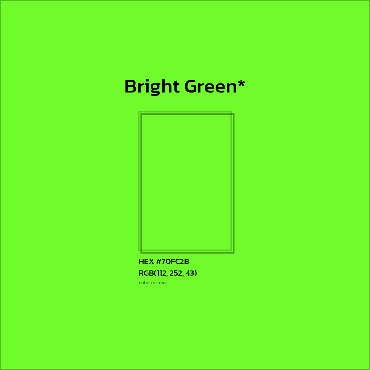 #70FC2B hex color. RGB, RYB, CMYK, HSL, HSV codes and color conversions. Matching color names, palettes, paints.