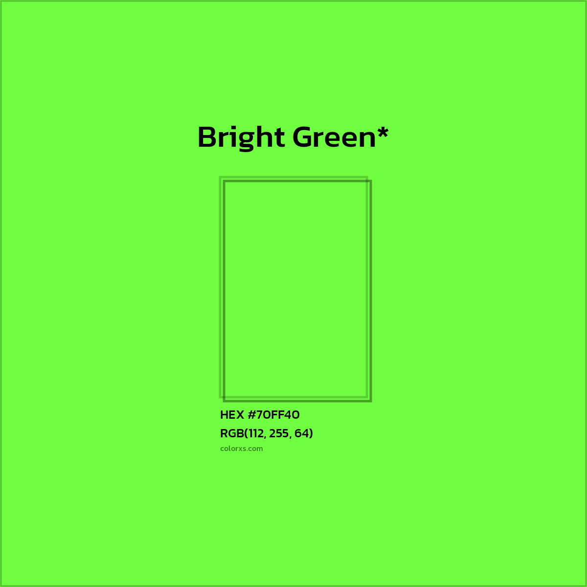#70FF40 hex color. RGB, RYB, CMYK, HSL, HSV codes and color conversions. Matching color names, palettes, paints.