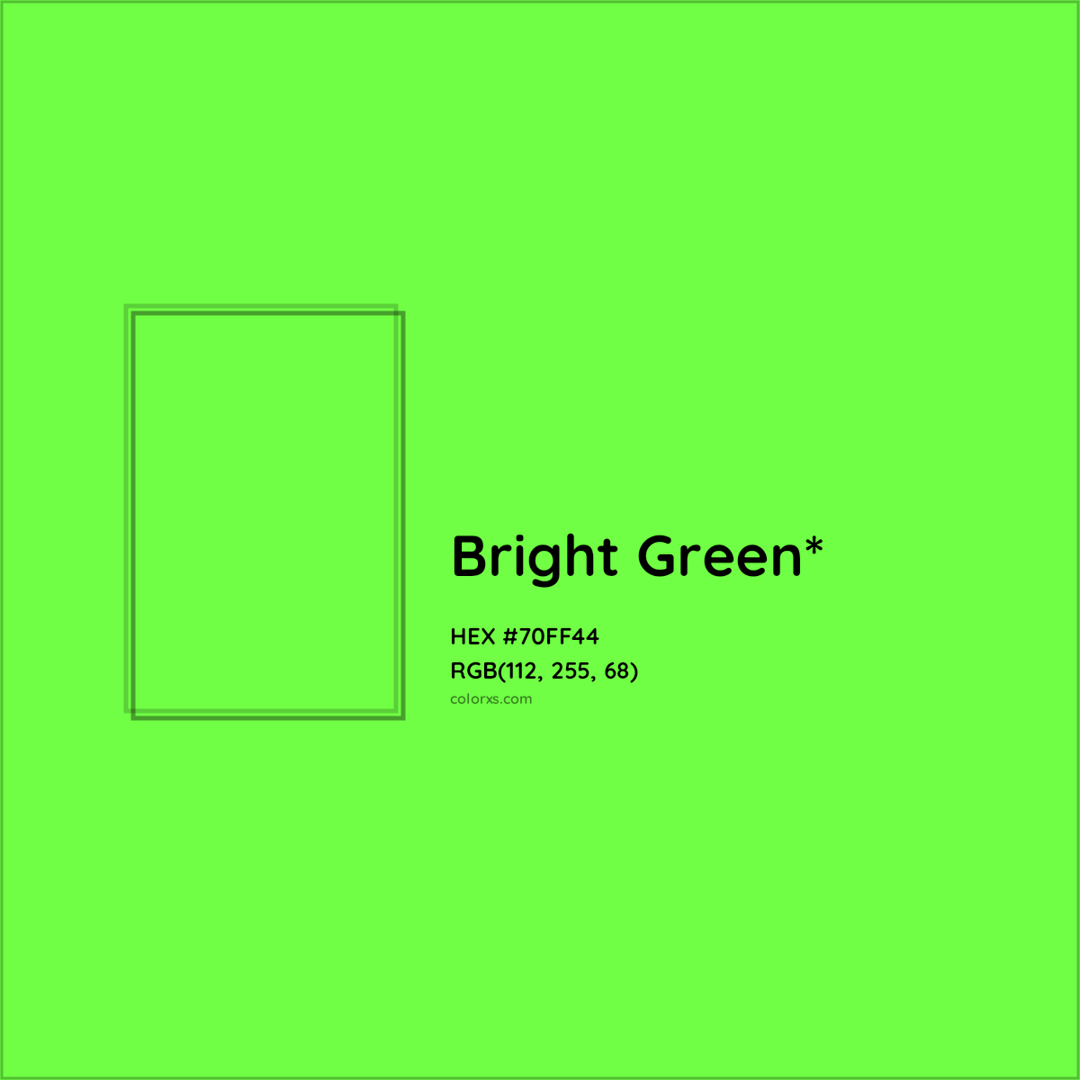 #70FF44 hex color. RGB, RYB, CMYK, HSL, HSV codes and color conversions. Matching color names, palettes, paints.