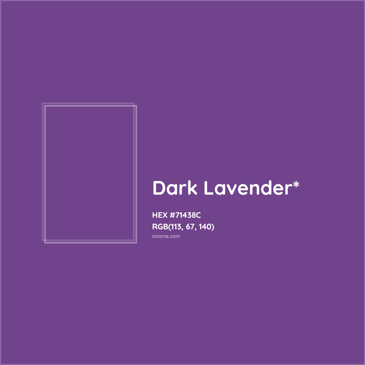 #71438C hex color. RGB, RYB, CMYK, HSL, HSV codes and color conversions. Matching color names, palettes, paints.