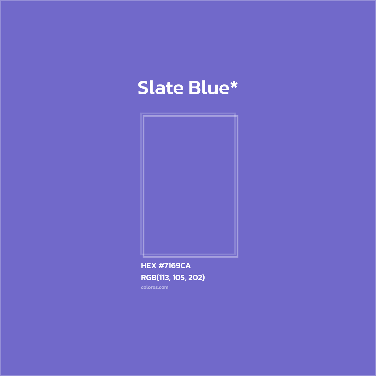 #7169CA hex color. RGB, RYB, CMYK, HSL, HSV codes and color conversions. Matching color names, palettes, paints.