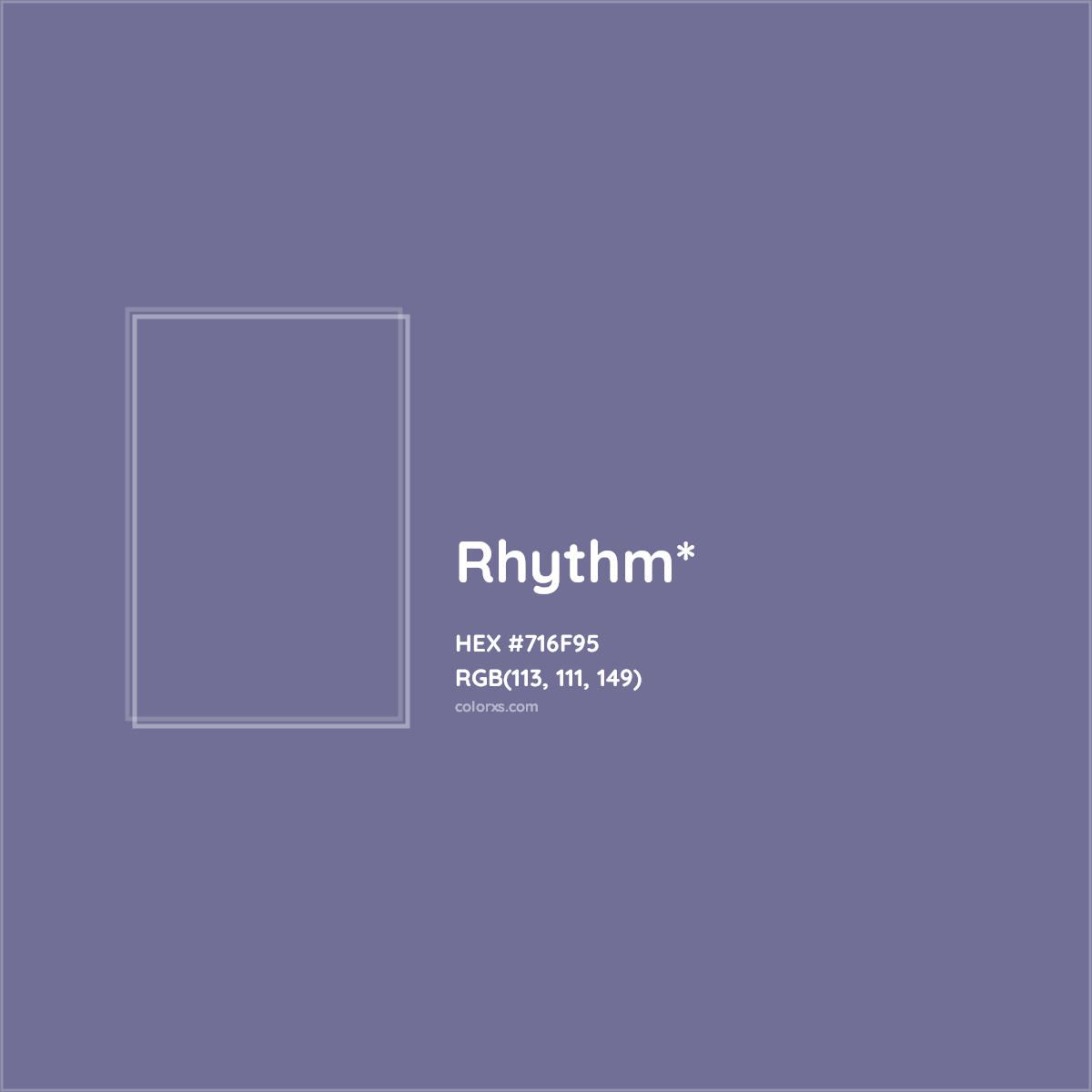 #716F95 hex color. RGB, RYB, CMYK, HSL, HSV codes and color conversions. Matching color names, palettes, paints.