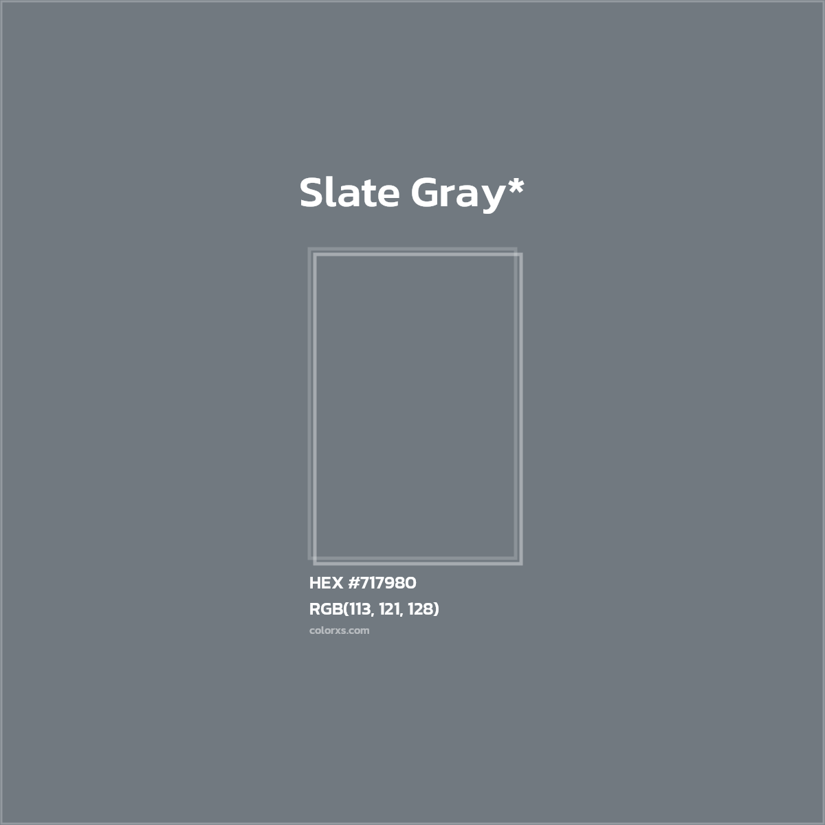 #717980 hex color. RGB, RYB, CMYK, HSL, HSV codes and color conversions. Matching color names, palettes, paints.