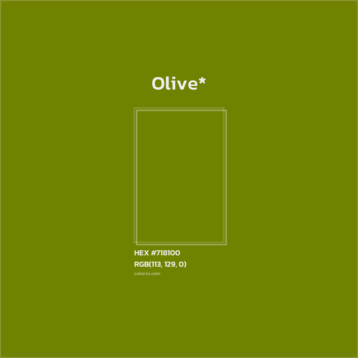 #718100 hex color. RGB, RYB, CMYK, HSL, HSV codes and color conversions. Matching color names, palettes, paints.