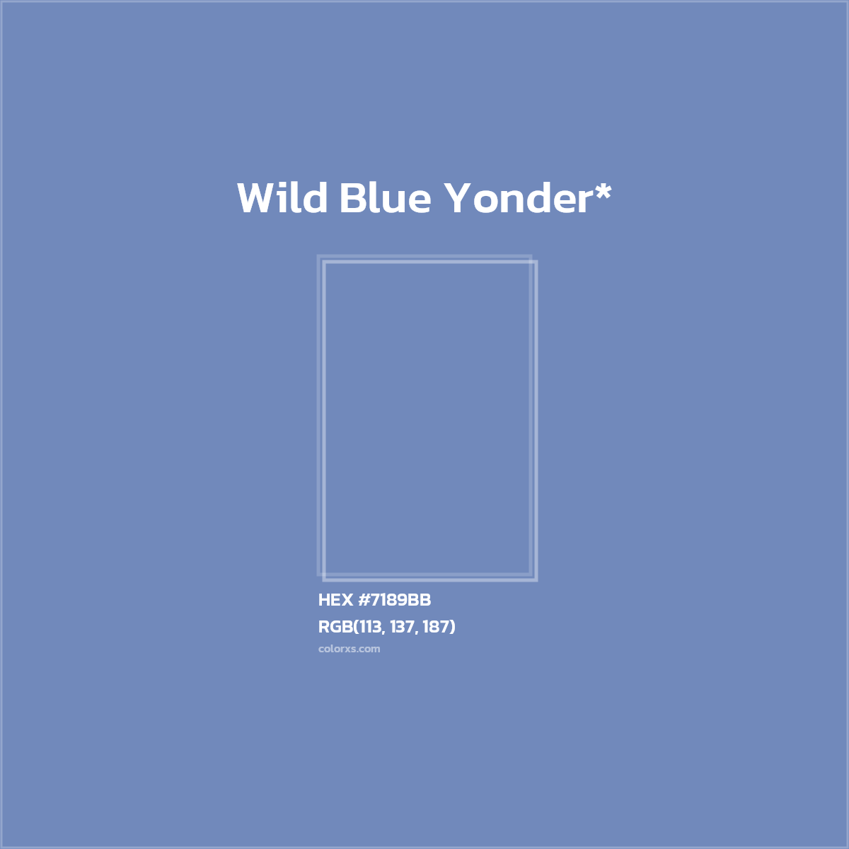 #7189BB hex color. RGB, RYB, CMYK, HSL, HSV codes and color conversions. Matching color names, palettes, paints.