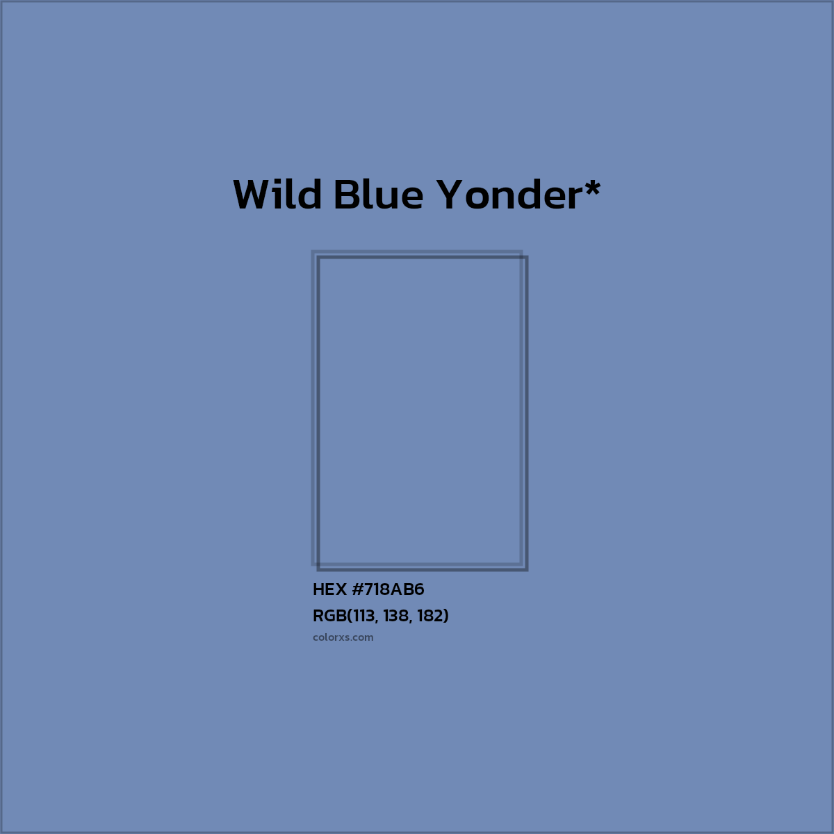 #718AB6 hex color. RGB, RYB, CMYK, HSL, HSV codes and color conversions. Matching color names, palettes, paints.