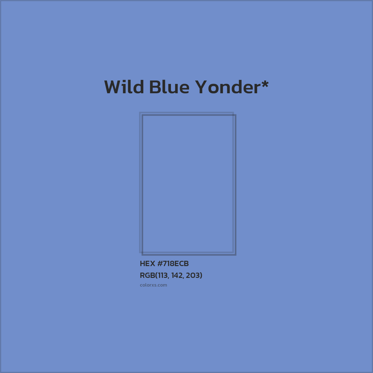 #718ECB hex color. RGB, RYB, CMYK, HSL, HSV codes and color conversions. Matching color names, palettes, paints.