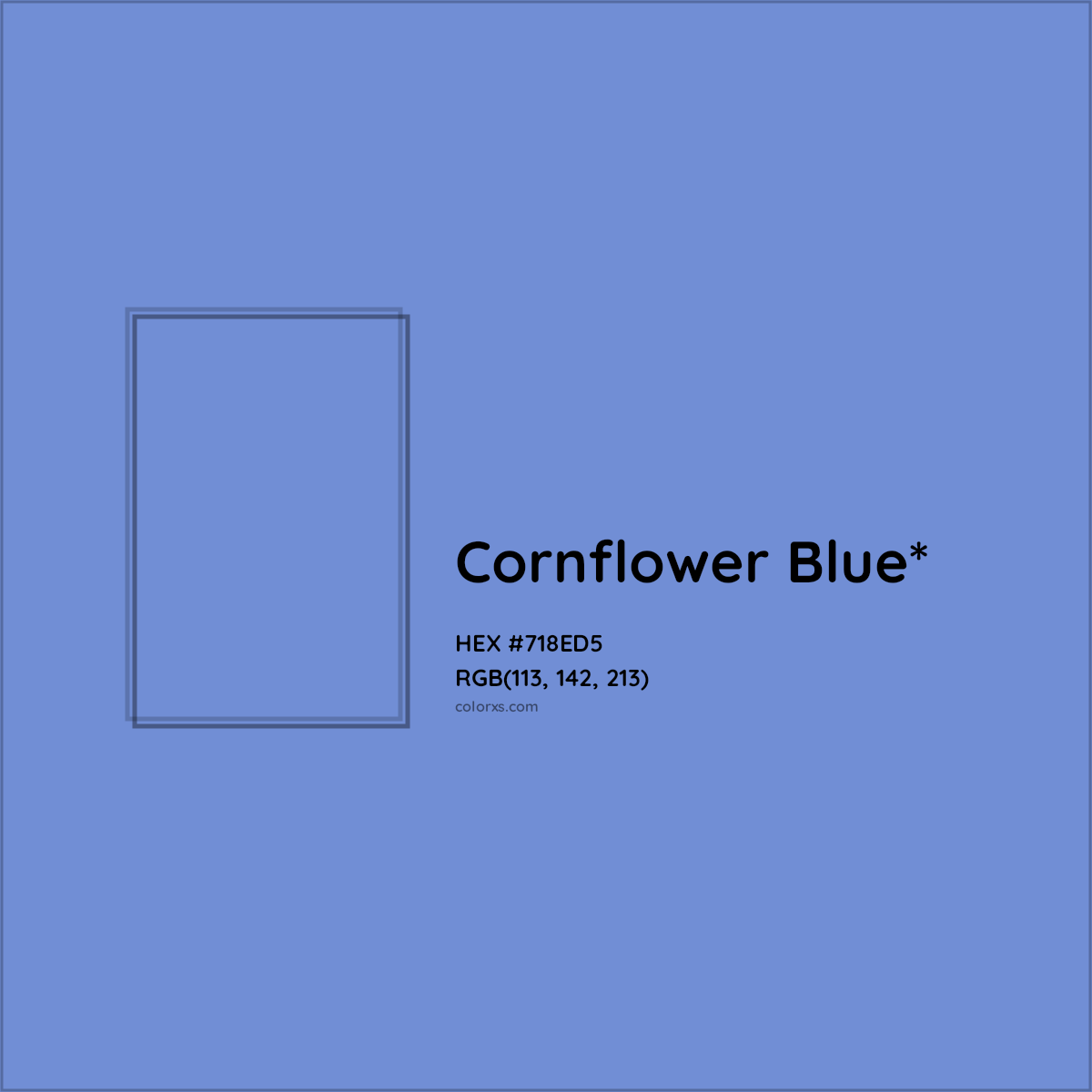 #718ED5 hex color. RGB, RYB, CMYK, HSL, HSV codes and color conversions. Matching color names, palettes, paints.