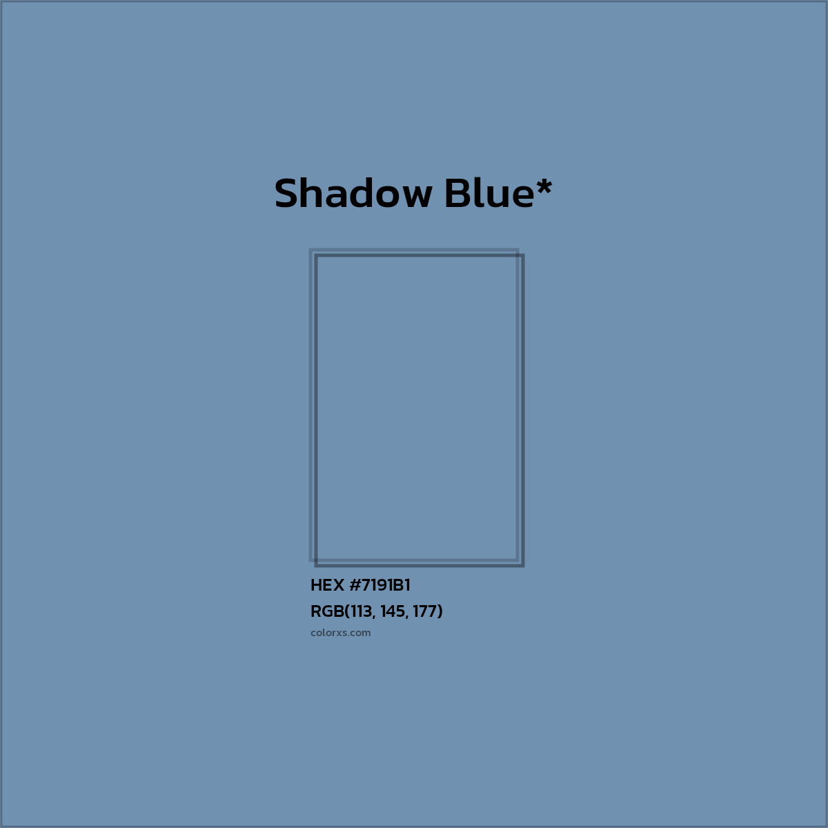 #7191B1 hex color. RGB, RYB, CMYK, HSL, HSV codes and color conversions. Matching color names, palettes, paints.