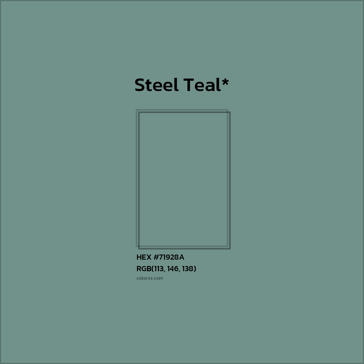 #71928A hex color. RGB, RYB, CMYK, HSL, HSV codes and color conversions. Matching color names, palettes, paints.
