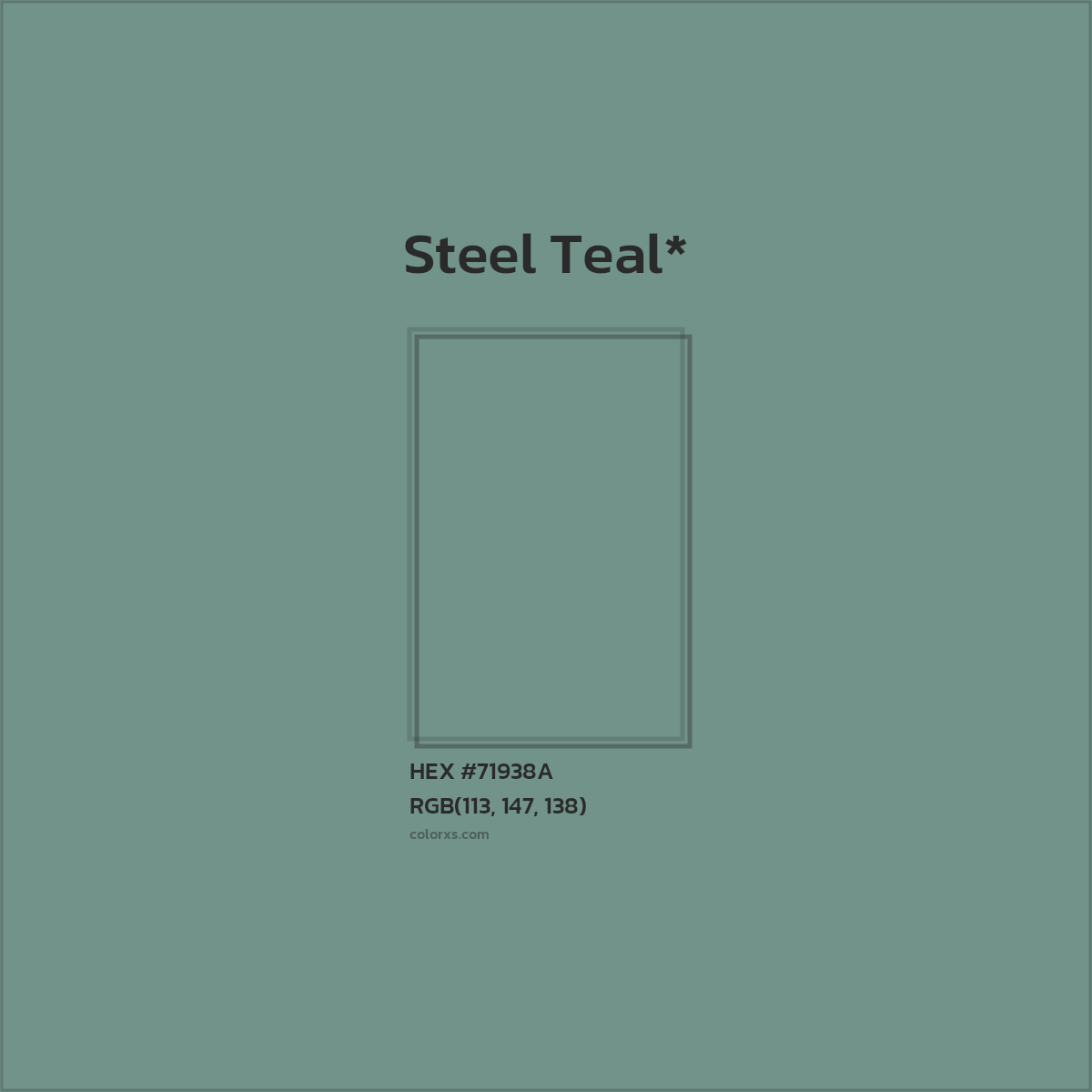 #71938A hex color. RGB, RYB, CMYK, HSL, HSV codes and color conversions. Matching color names, palettes, paints.