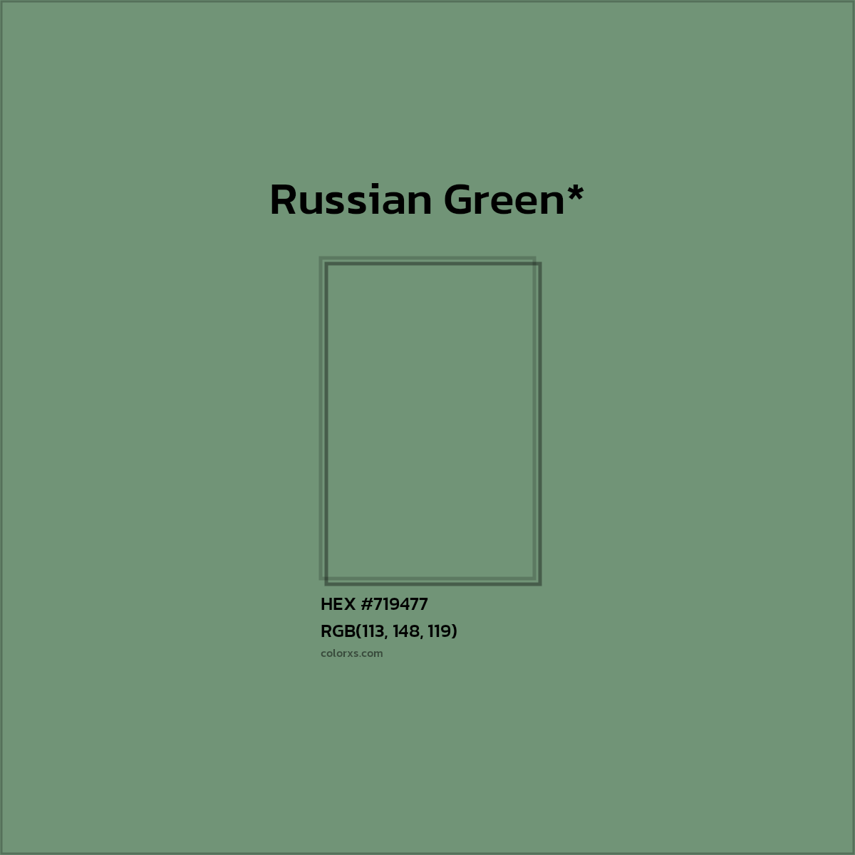 #719477 hex color. RGB, RYB, CMYK, HSL, HSV codes and color conversions. Matching color names, palettes, paints.
