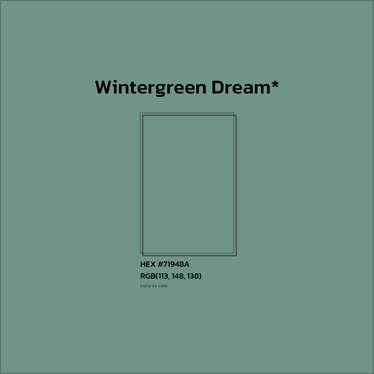 #71948A hex color. RGB, RYB, CMYK, HSL, HSV codes and color conversions. Matching color names, palettes, paints.