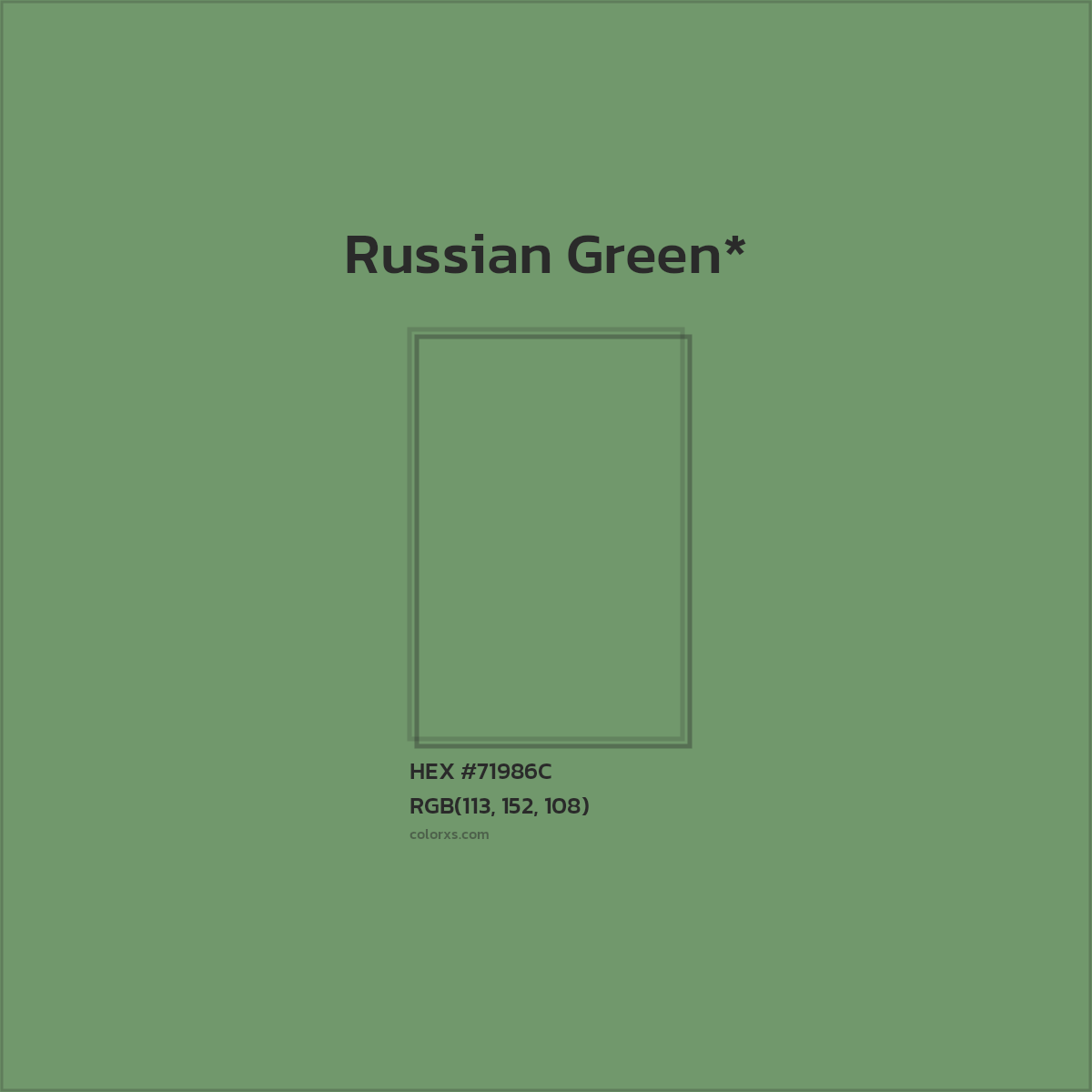 #71986C hex color. RGB, RYB, CMYK, HSL, HSV codes and color conversions. Matching color names, palettes, paints.
