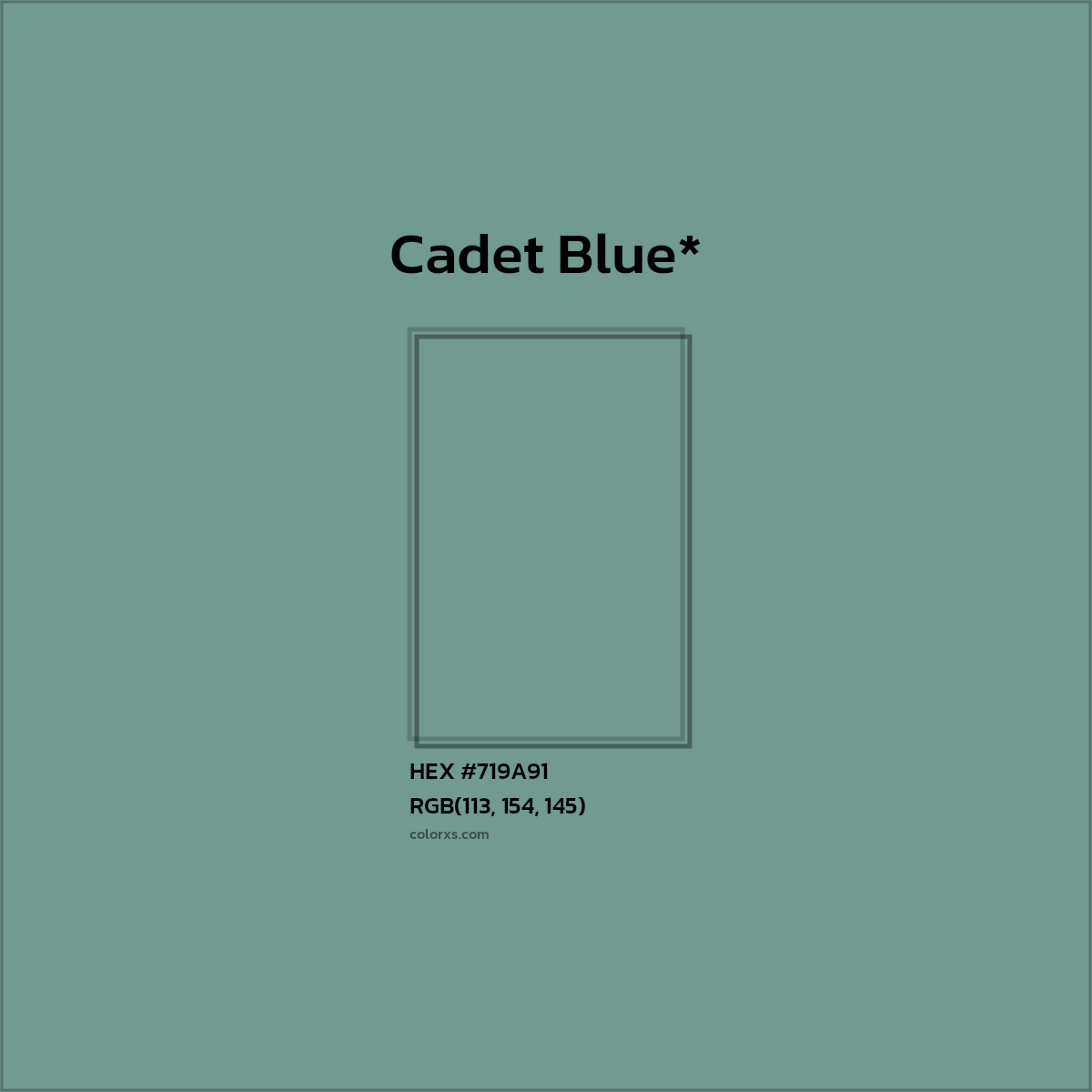 #719A91 hex color. RGB, RYB, CMYK, HSL, HSV codes and color conversions. Matching color names, palettes, paints.