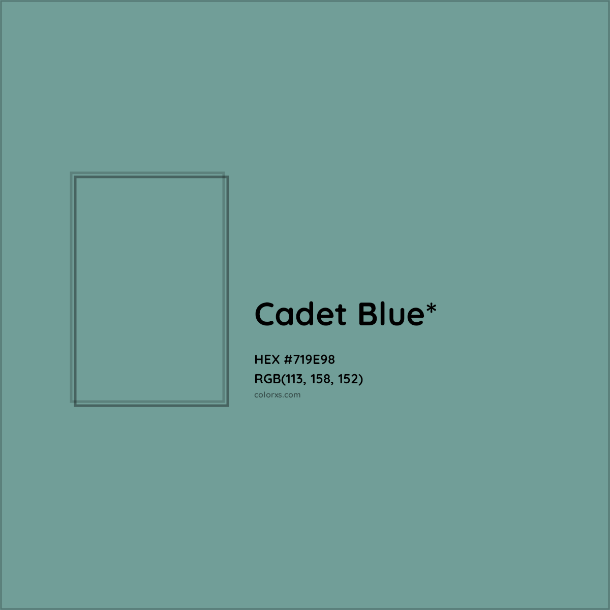 #719E98 hex color. RGB, RYB, CMYK, HSL, HSV codes and color conversions. Matching color names, palettes, paints.