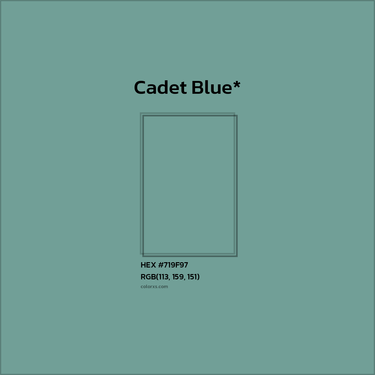 #719F97 hex color. RGB, RYB, CMYK, HSL, HSV codes and color conversions. Matching color names, palettes, paints.