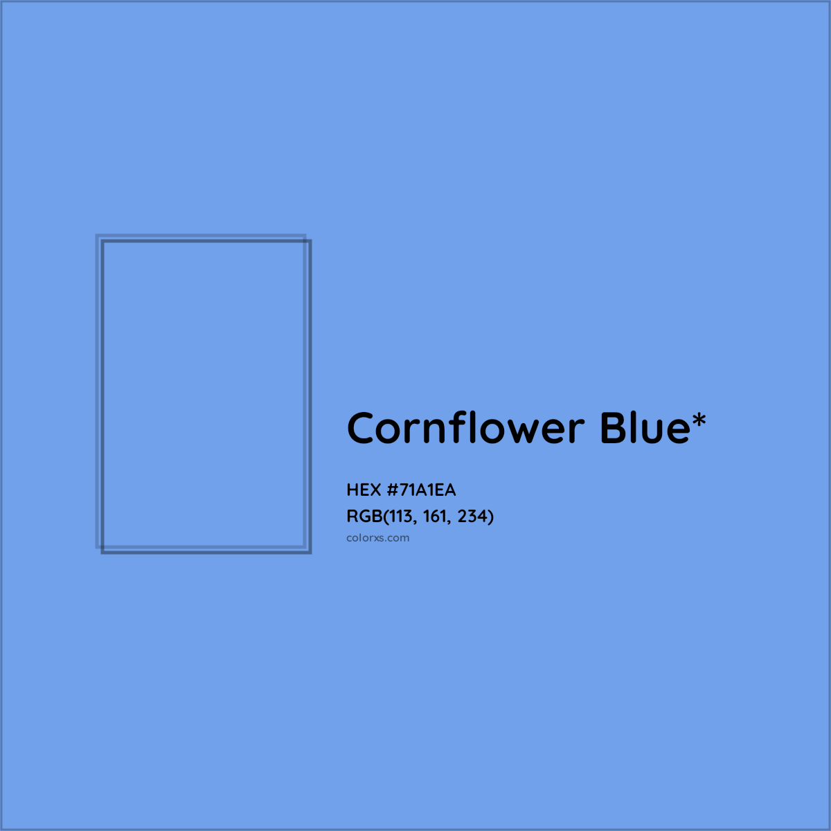 #71A1EA hex color. RGB, RYB, CMYK, HSL, HSV codes and color conversions. Matching color names, palettes, paints.