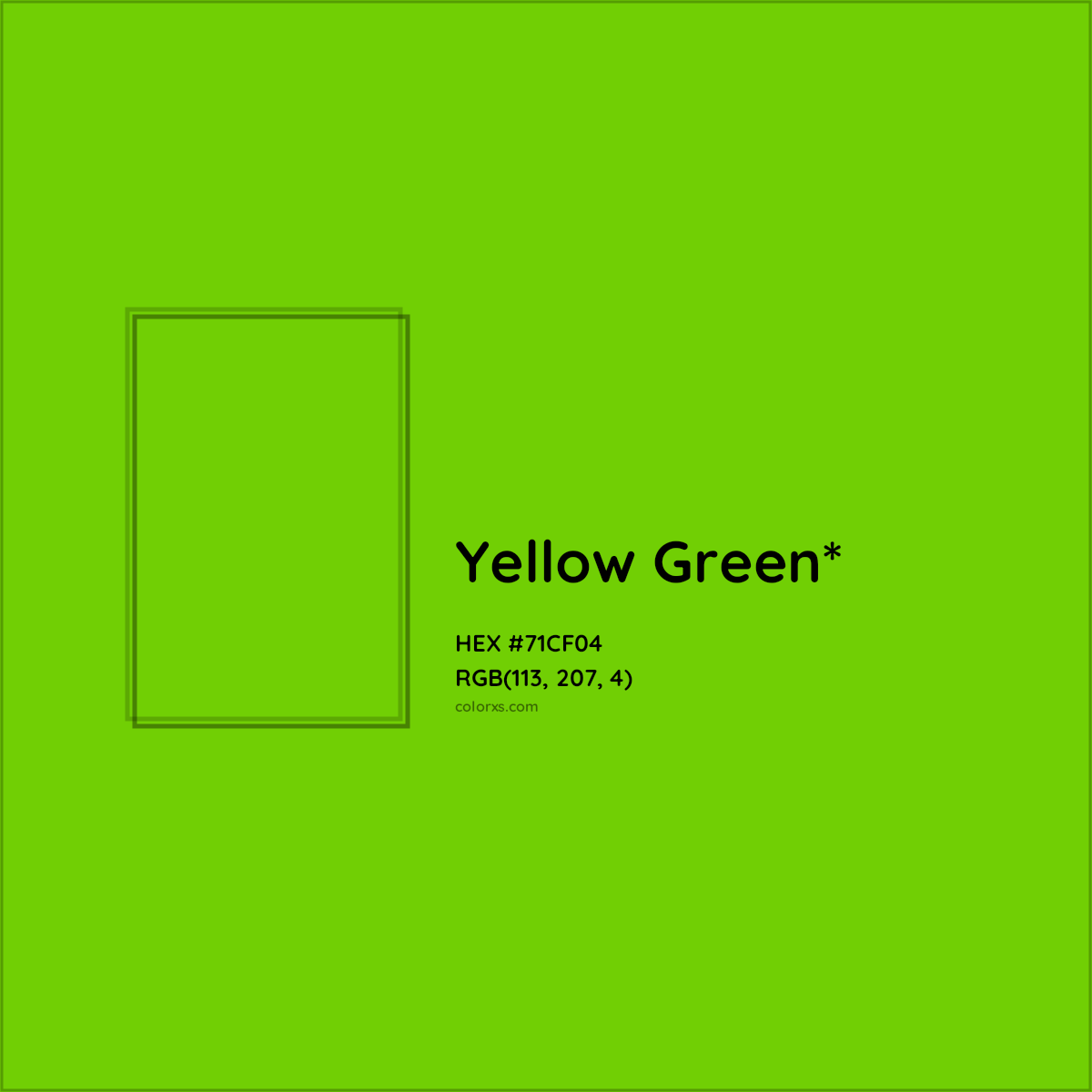 #71CF04 hex color. RGB, RYB, CMYK, HSL, HSV codes and color conversions. Matching color names, palettes, paints.