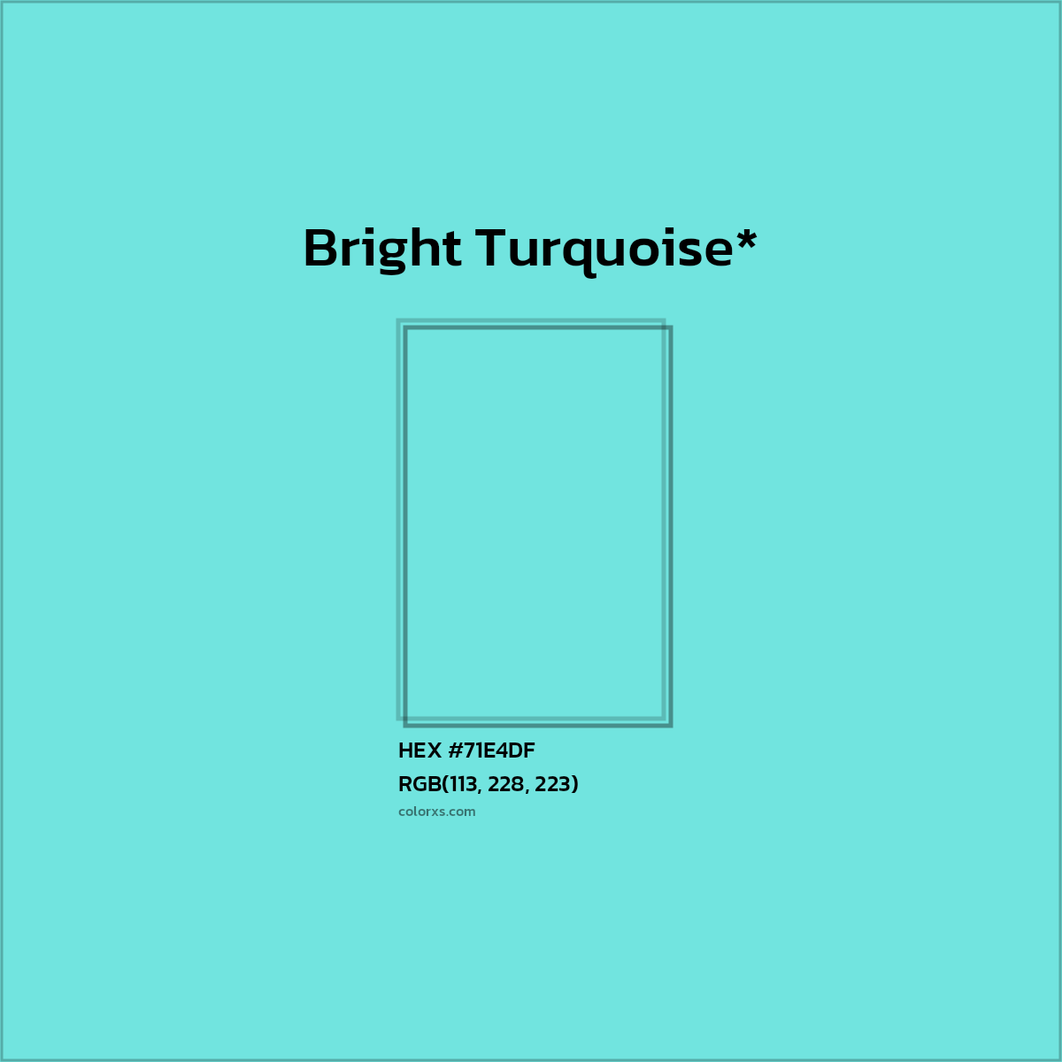 #71E4DF hex color. RGB, RYB, CMYK, HSL, HSV codes and color conversions. Matching color names, palettes, paints.