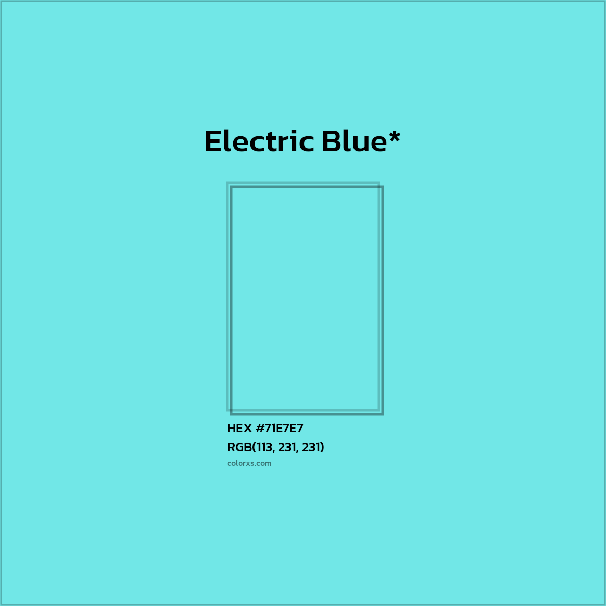 #71E7E7 hex color. RGB, RYB, CMYK, HSL, HSV codes and color conversions. Matching color names, palettes, paints.