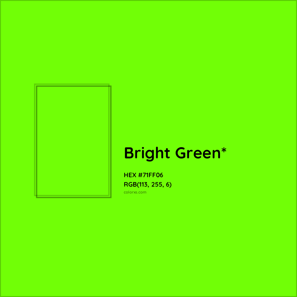 #71FF06 hex color. RGB, RYB, CMYK, HSL, HSV codes and color conversions. Matching color names, palettes, paints.