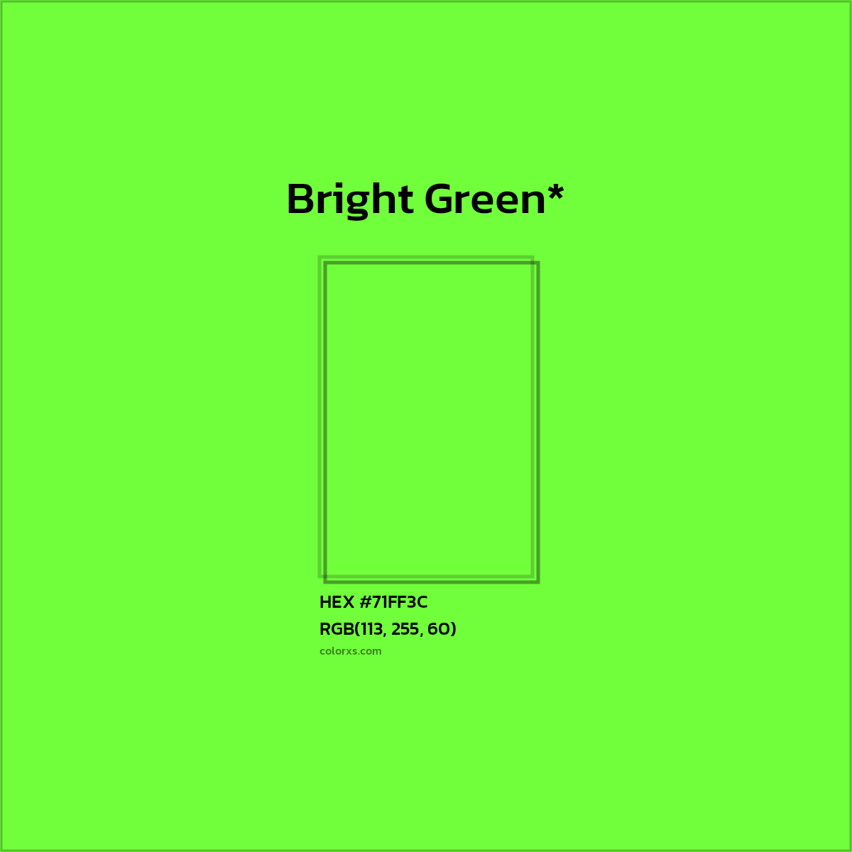 #71FF3C hex color. RGB, RYB, CMYK, HSL, HSV codes and color conversions. Matching color names, palettes, paints.