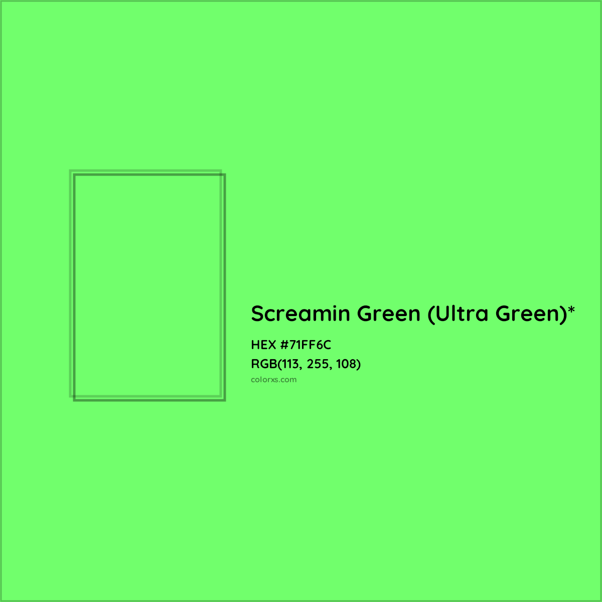 #71FF6C hex color. RGB, RYB, CMYK, HSL, HSV codes and color conversions. Matching color names, palettes, paints.