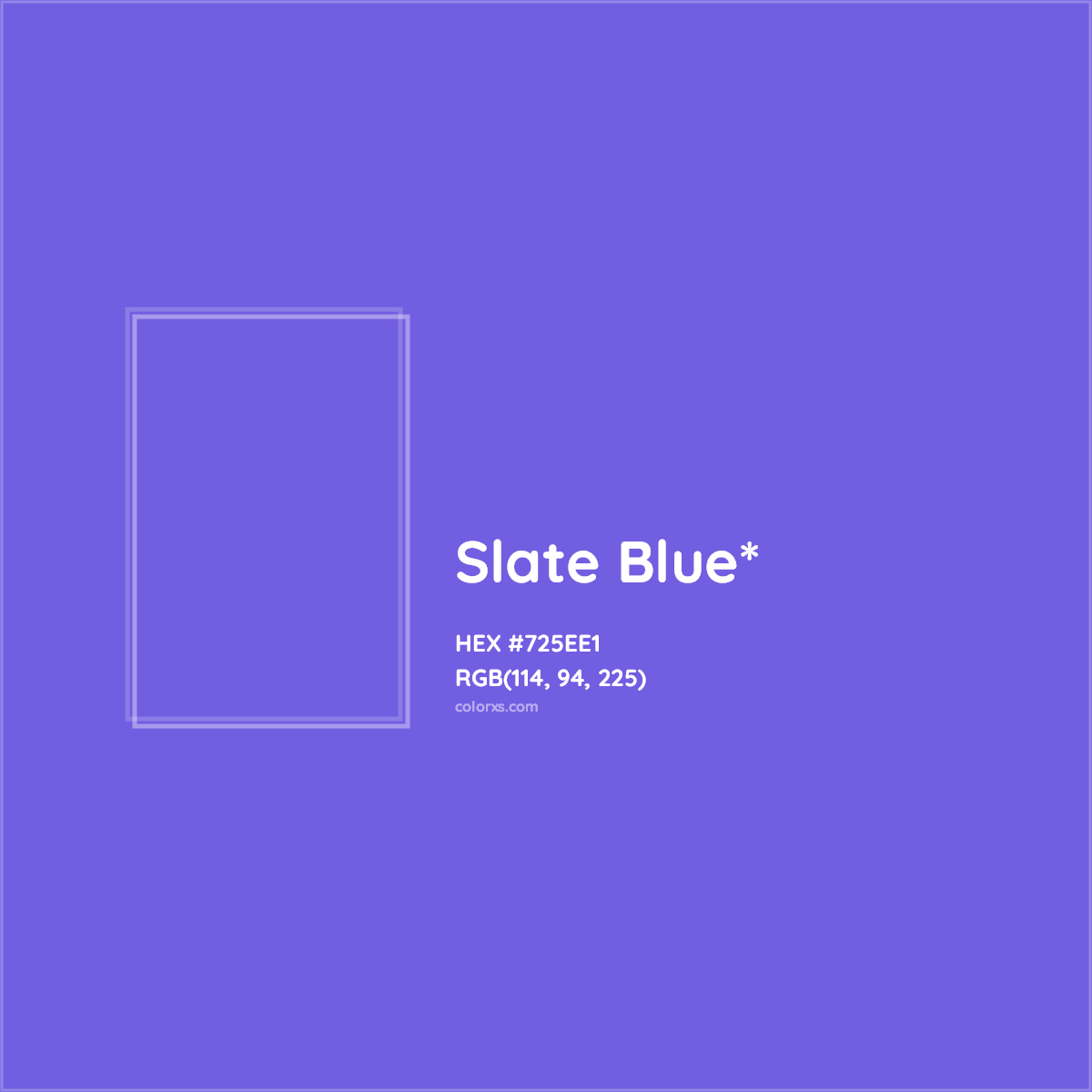 #725EE1 hex color. RGB, RYB, CMYK, HSL, HSV codes and color conversions. Matching color names, palettes, paints.