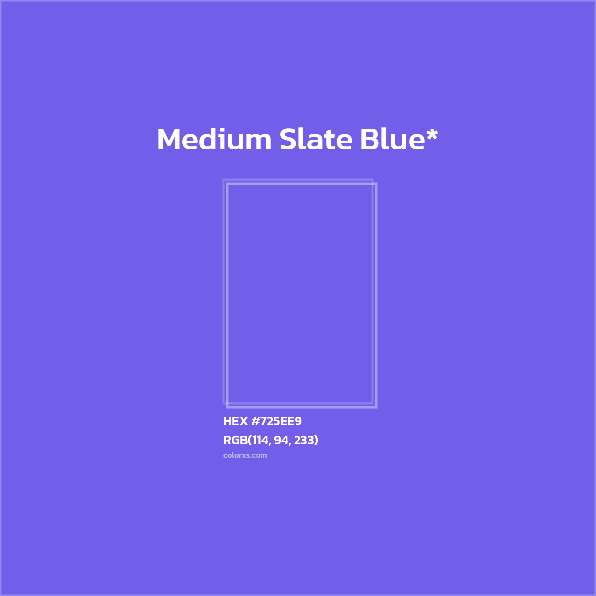 #725EE9 hex color. RGB, RYB, CMYK, HSL, HSV codes and color conversions. Matching color names, palettes, paints.