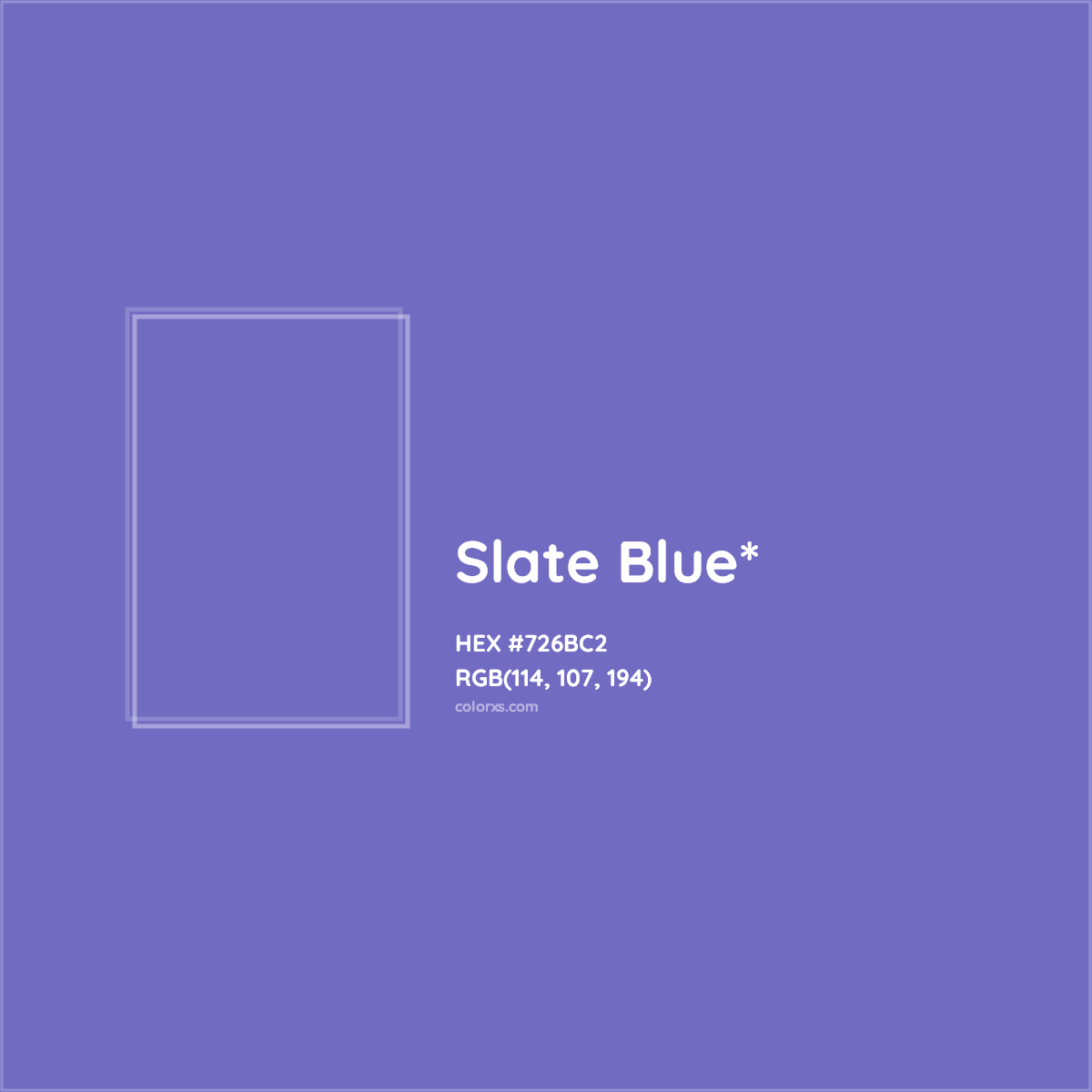 #726BC2 hex color. RGB, RYB, CMYK, HSL, HSV codes and color conversions. Matching color names, palettes, paints.