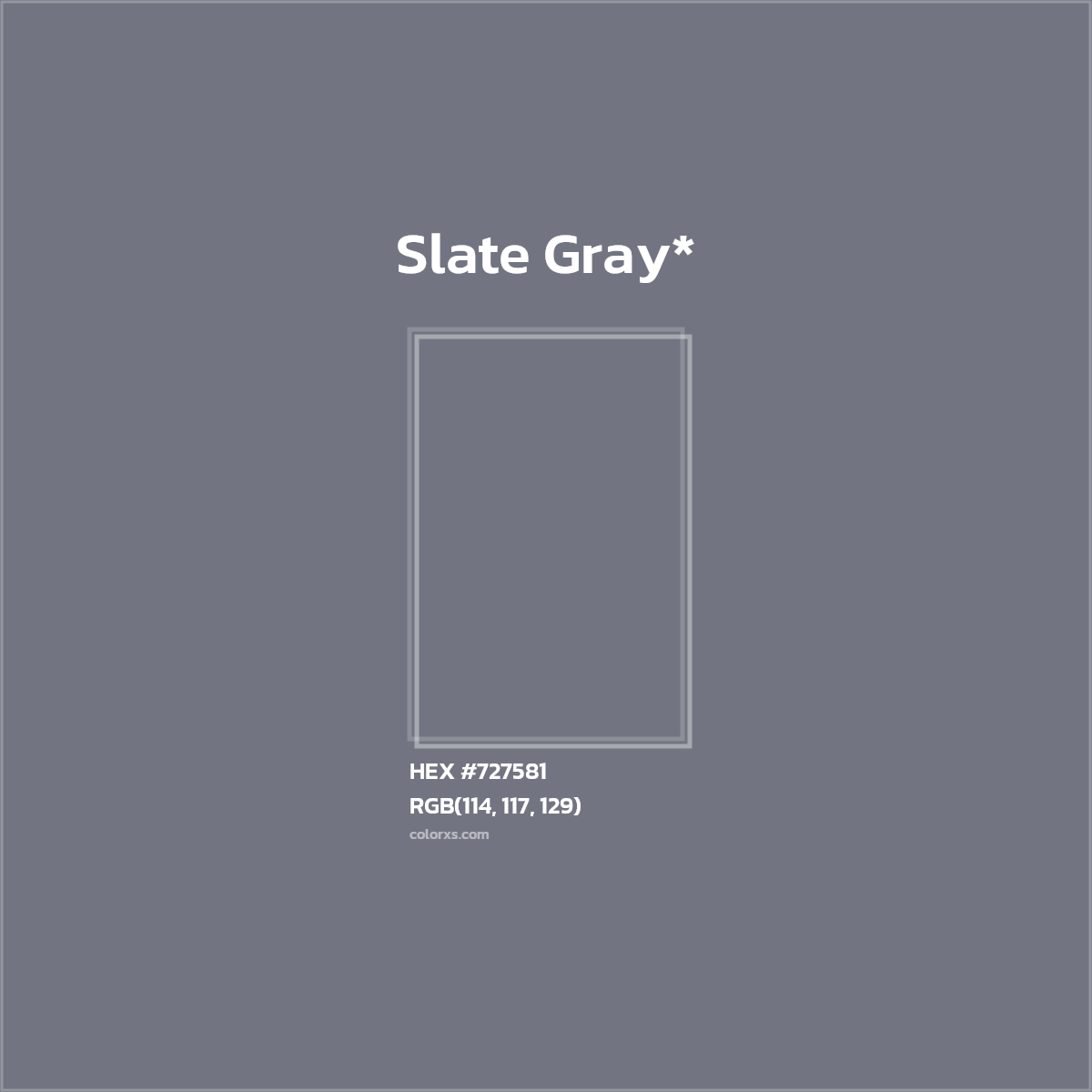 #727581 hex color. RGB, RYB, CMYK, HSL, HSV codes and color conversions. Matching color names, palettes, paints.