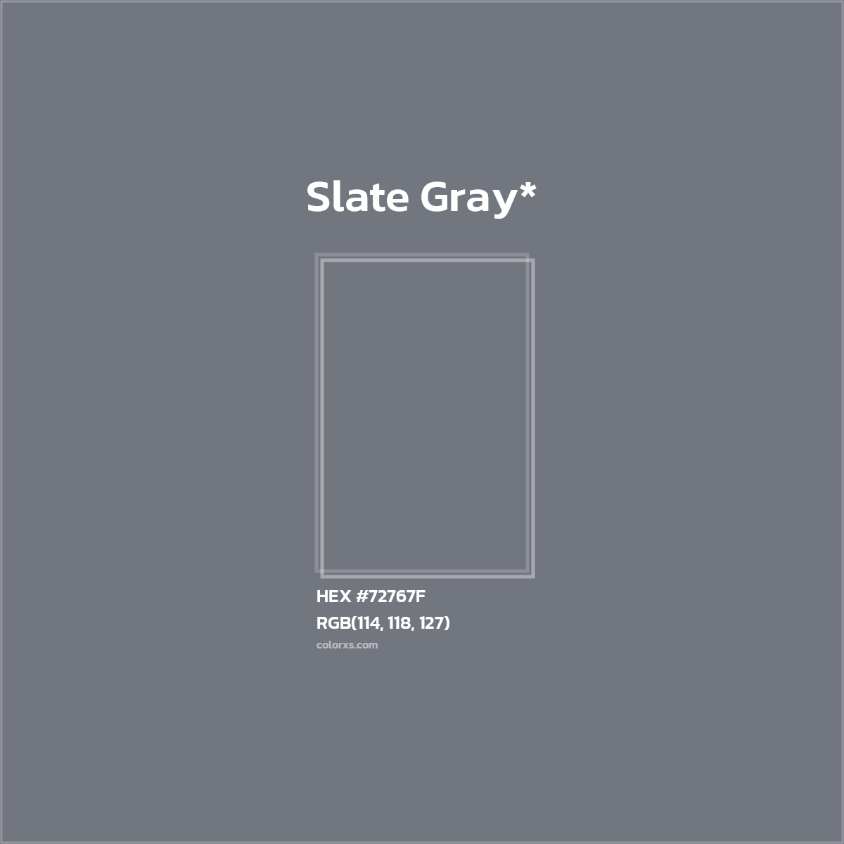 #72767F hex color. RGB, RYB, CMYK, HSL, HSV codes and color conversions. Matching color names, palettes, paints.