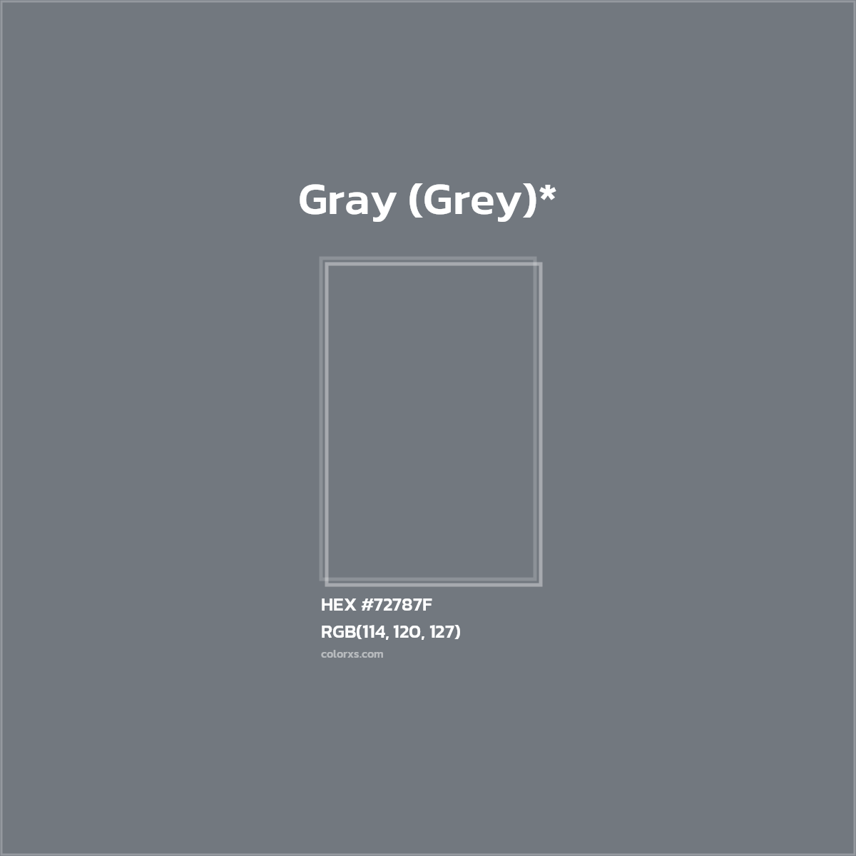 #72787F hex color. RGB, RYB, CMYK, HSL, HSV codes and color conversions. Matching color names, palettes, paints.