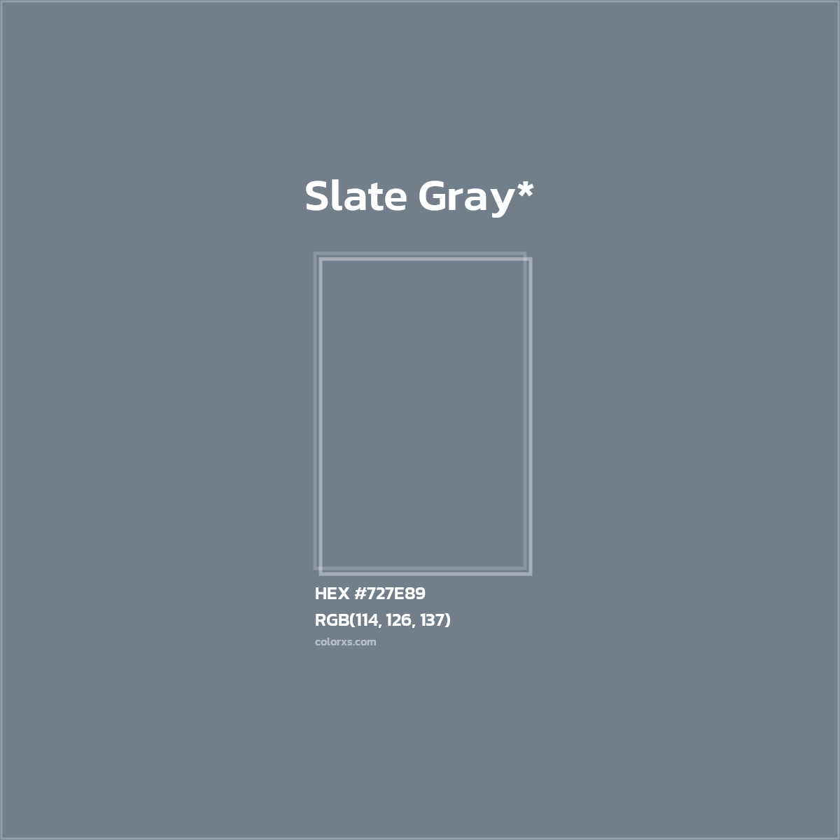#727E89 hex color. RGB, RYB, CMYK, HSL, HSV codes and color conversions. Matching color names, palettes, paints.