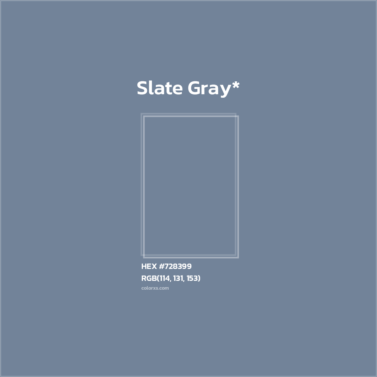 #728399 hex color. RGB, RYB, CMYK, HSL, HSV codes and color conversions. Matching color names, palettes, paints.