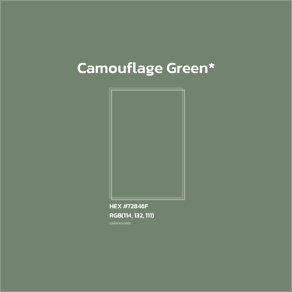 #72846F hex color. RGB, RYB, CMYK, HSL, HSV codes and color conversions. Matching color names, palettes, paints.