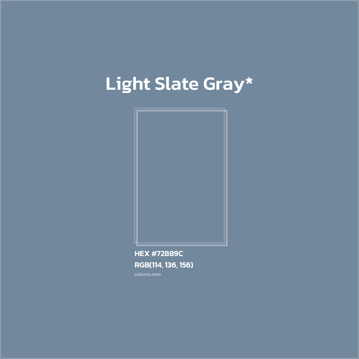 #72889C hex color. RGB, RYB, CMYK, HSL, HSV codes and color conversions. Matching color names, palettes, paints.