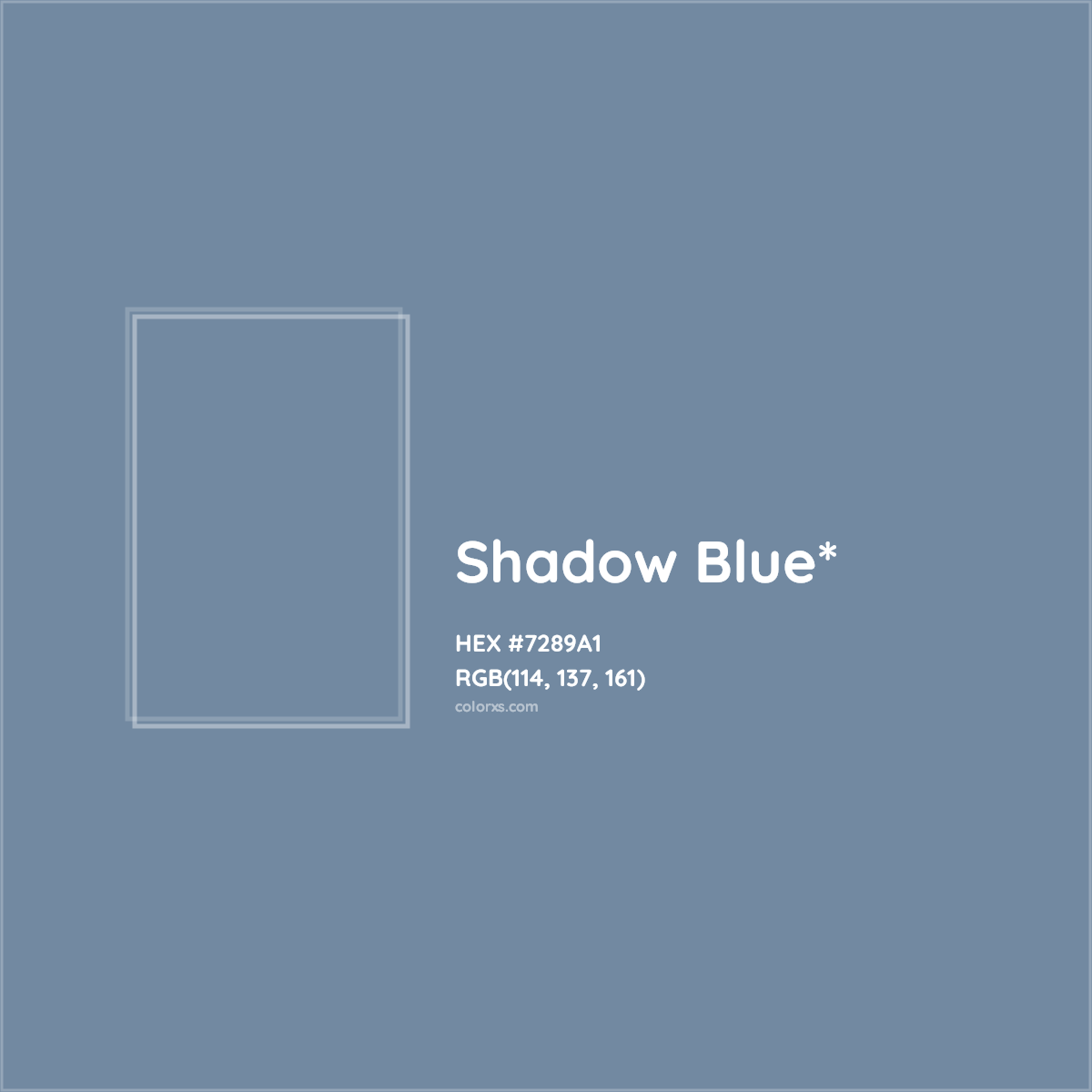 #7289A1 hex color. RGB, RYB, CMYK, HSL, HSV codes and color conversions. Matching color names, palettes, paints.