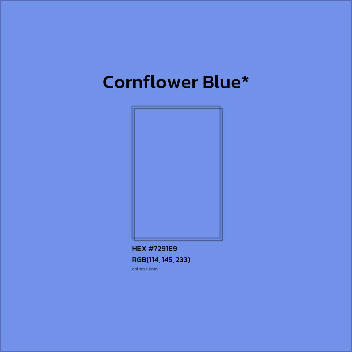 #7291E9 hex color. RGB, RYB, CMYK, HSL, HSV codes and color conversions. Matching color names, palettes, paints.