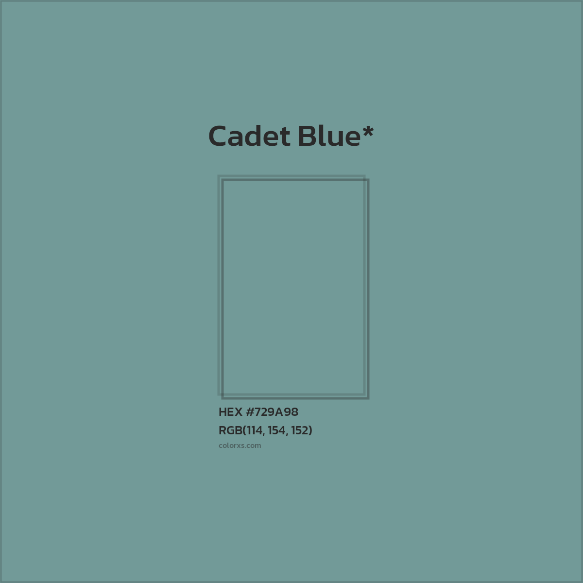 #729A98 hex color. RGB, RYB, CMYK, HSL, HSV codes and color conversions. Matching color names, palettes, paints.
