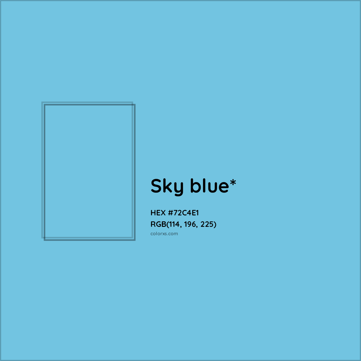 #72C4E1 hex color. RGB, RYB, CMYK, HSL, HSV codes and color conversions. Matching color names, palettes, paints.